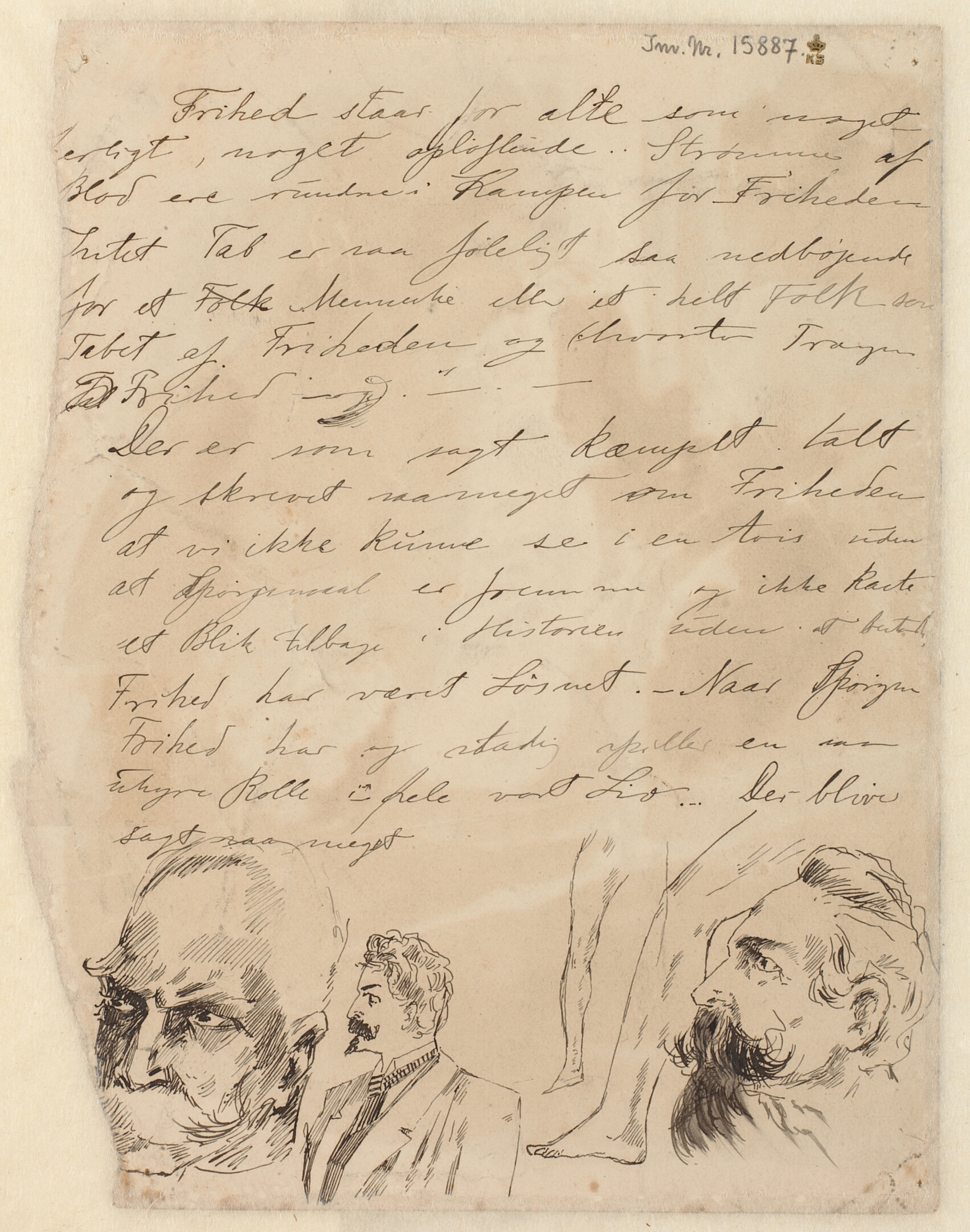 Tre hoveder i profil, ben og tekst